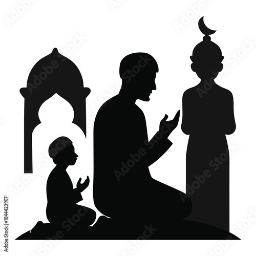 Silhouette of a family praying together during ramadan modest attire suitable for banners and advertisements