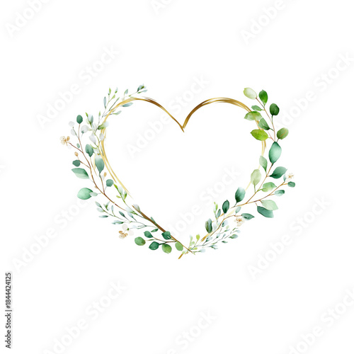 Heart-shaped leaf frame. Watercolor floral wreath made of green foliage and eucalyptus branches. PNG clipart on transparent background.