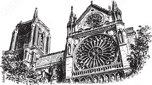 Gothic cathedral rose window vector illustration in black and white. Detailed artwork showcasing intricate architectural design and historic elements.