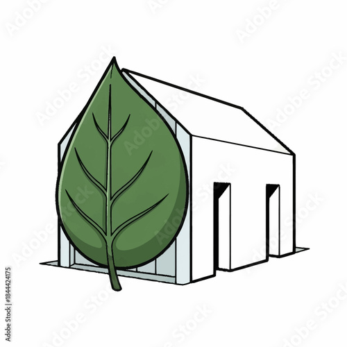 Eco-friendly house with a large green leaf as a wall, symbolizing sustainable living and nature integration.