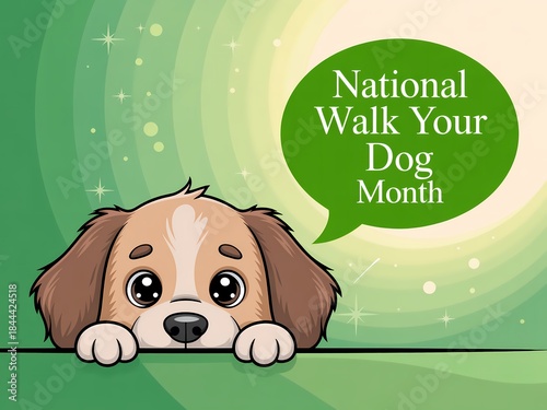 Cute dog peeking from behind with speech bubble for national walk your dog month