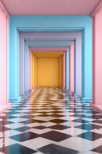A vibrant, modern hallway featuring colored walls and a checkered floor
