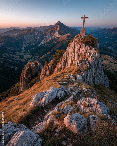 A stunning view of a rocky mountain peak at sunset, featuring a cross at the summit, surrounded by dramatic landscapes and warm hues of nature's beauty.