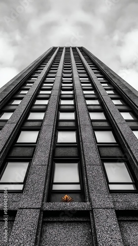 A striking black and white image of a towering skyscraper, showcasing its smooth facade and grid-like window pattern against a cloudy sky