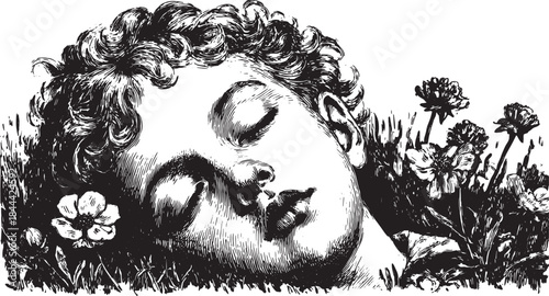 Child sleeping in vintage drawing style. Black and white vector illustration depicting nature, flowers, and grass for a tranquil feel.