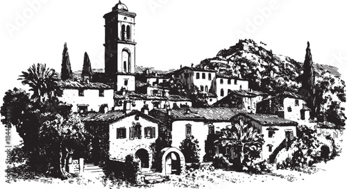 Black and white vintage engraving of a village landscape. It features classic architecture and trees in this vector illustration.