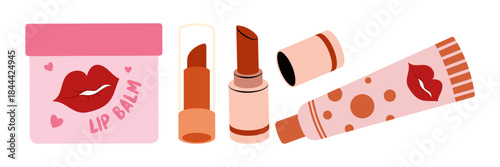 Cosmetic Products Icons Set. Colorful symbols with lipstick, mascara, moisturizer, eye shadow palette, and serum. Beauty and makeup
