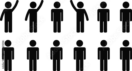 Set of black human pictograms standing and raising hands isolated on white background for restroom sign or toilet symbol vector illustration icon design collection