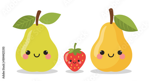 Three cheerful fruits a green pear a golden pear and a ripe strawberry stand together with friendly smiling faces on a clean white background.