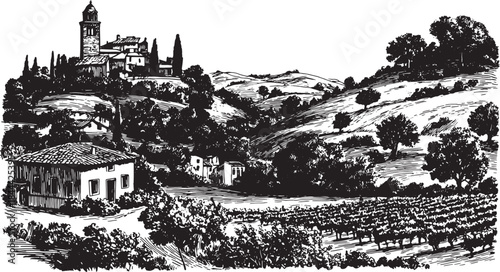 Landscape illustration of a rural village with hills and trees. A scenic black and white vector illustration featuring traditional buildings and a vineyard set.