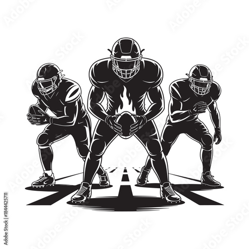 Three american football players in a dynamic black and white illustration