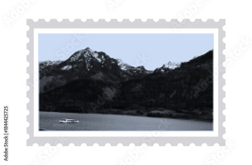 A paper postage stamp depicting snow-covered mountains, a boat on a river. Mountain peaks, rocky stones, landscape. Contemporary art, philatelic, the environment on a postage stamp. Halftone vector.