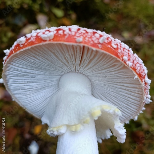 Fly agaric mushroom underside in forest