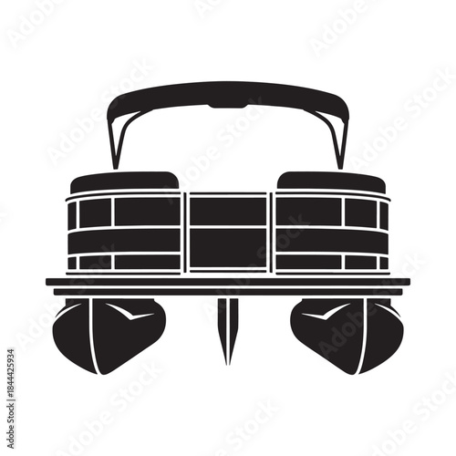 Simple black and white illustration of a pontoon boat on the water