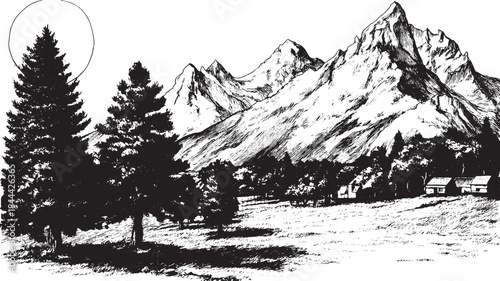 Landscape vector illustration featuring mountains and trees in black and white sketch style. This simple drawing captures a rural nature scene.