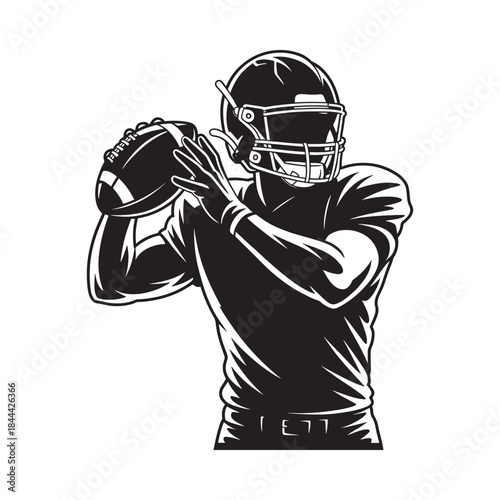 American football player poised to throw a detailed black and white illustration