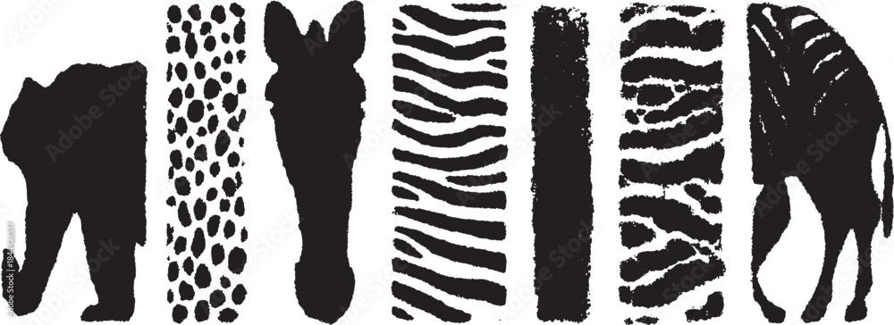 Naklejka premium Animal patterns showcasing silhouettes of zebra, leopard, and tiger designs in a modern black and white vector illustration set.