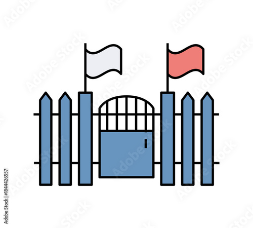 Valla de madera con puerta y banderas para representar un punto de frontera