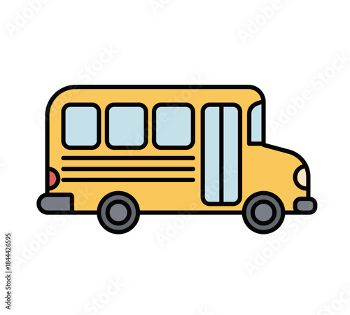 Autobús escolar amarillo lateral con contorno negro en estilo plano