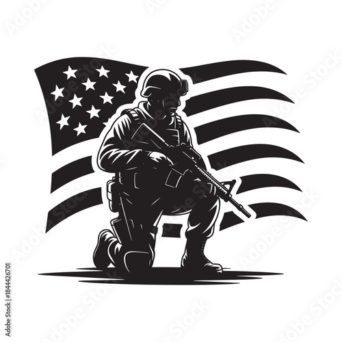 Soldier kneeling in silhouette against a waving american flag background