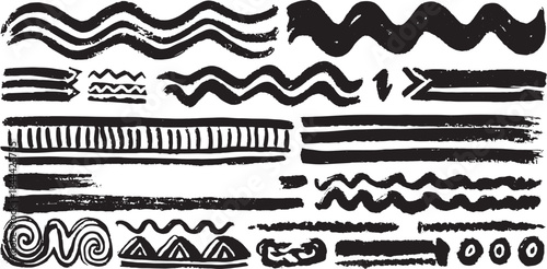 Black brush stroke lines creating various patterns in a simple style. This set features abstract designs for creative backgrounds in vector illustration.