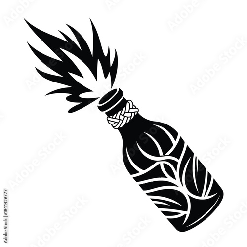 Black and white illustration of a molotov cocktail with tribal designs