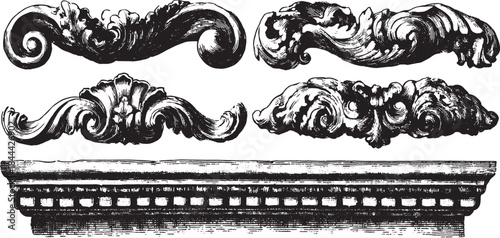 Classic architectural elements in a detailed vector illustration set. The elegant ornamentation highlights fine craftsmanship and traditional style.