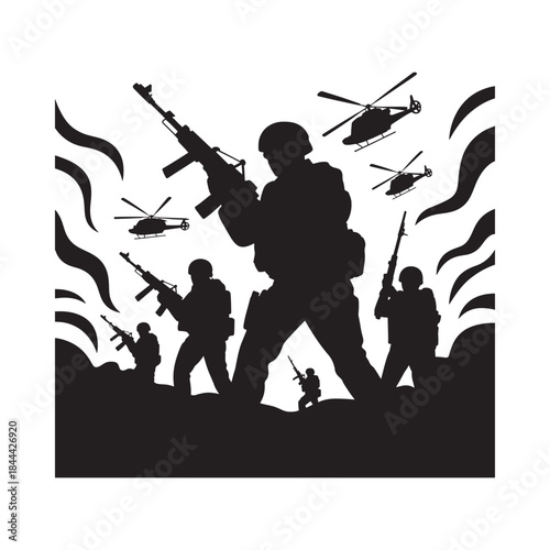 Silhouette of soldiers with weapons against a backdrop of helicopters and smoke