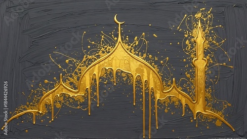 Golden Mosque Silhouette Dripping on Textured Gray Background 