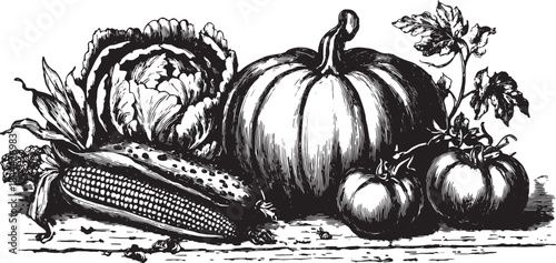 Harvest vegetables include corn, pumpkin, and tomatoes illustrated in a black and white style. This vector illustration features botanical details in a simple set.