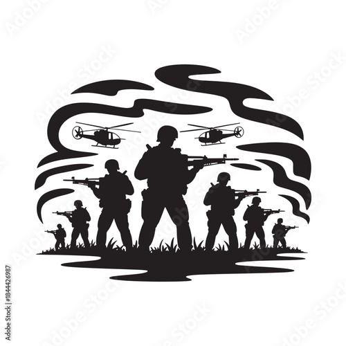 Silhouette of soldiers with rifles against a smoky helicopter filled background