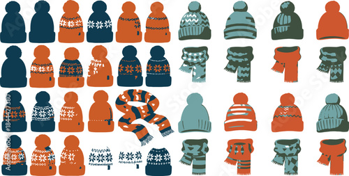 A diverse collection of cozy knitted winter hats and scarves in blue and orange hues for cold weather