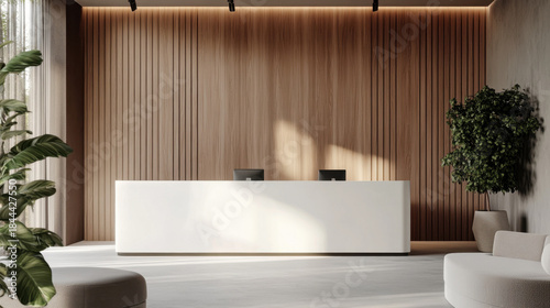 Real estate office reception counter mockup front interior registration copy space desk design indoor decoration front view decoration three-dimensional