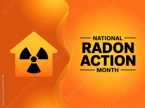 National radon action month awareness campaign logo with radiation symbol and house icon on orange background