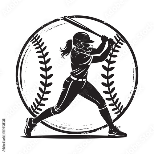 A dynamic silhouette of a female softball player swinging a bat