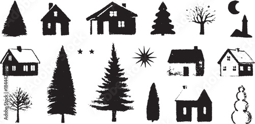 Horizontal set of winter village icons with black houses and trees. Simple naive design shown in vector illustration.