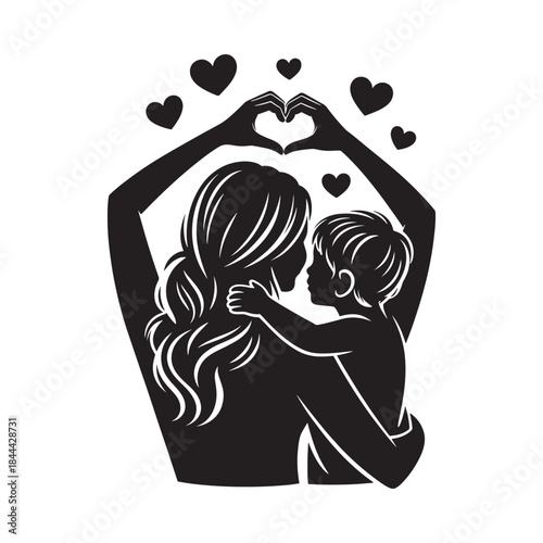 A mother and child creating a heart shape with their hands love