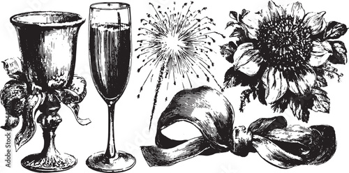 Vintage glass chalice and flute with a blooming flower and ribbon. A vector illustration set depicting festive elements for celebration.