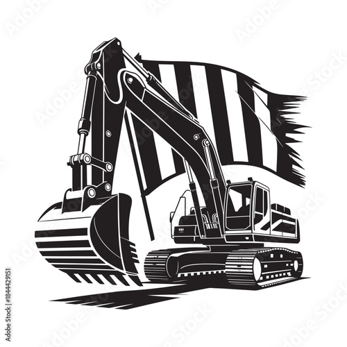 Excavator with a checkered flag a powerful symbol of construction and victory