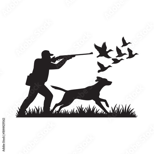 Hunter aiming with rifle accompanied by a dog and flock of birds