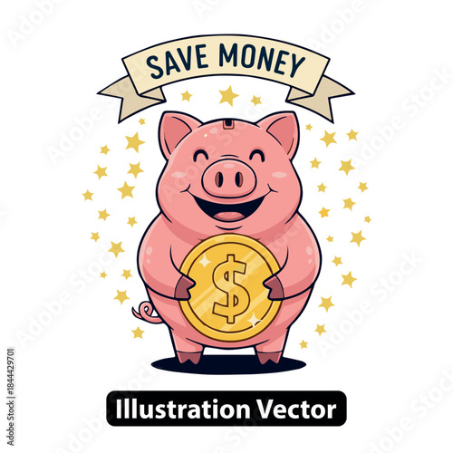 Cheerful Piggy Bank Illustration with Golden Coin and