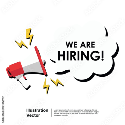 Flat vector illustration of a megaphone announcing 'We Are Hiring' for job recruitment