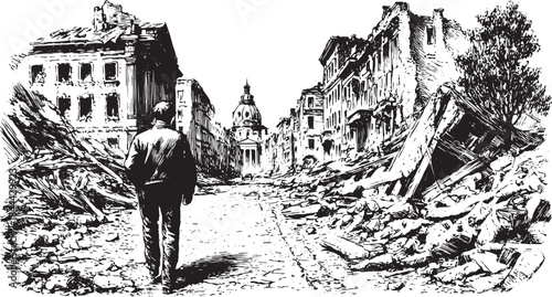 Man walking through a city in ruins. Detailed black and white vector illustration of destruction and debris, showcasing historical architecture.