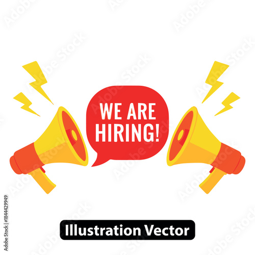 Business recruitment announcement with megaphones and 'We Are Hiring!' message vector illustration