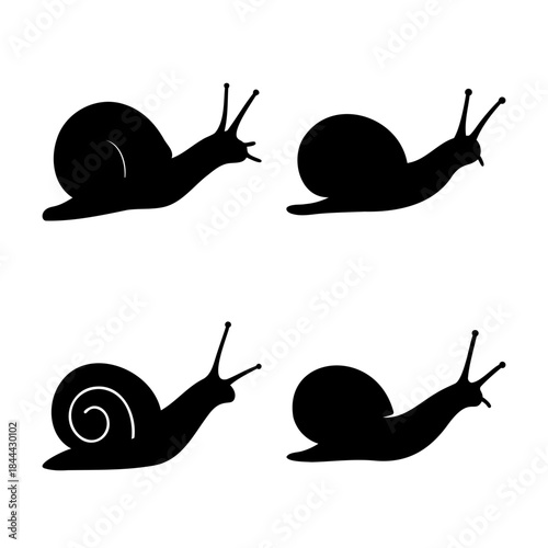 Set of diverse black snail silhouettes crawling, vector art