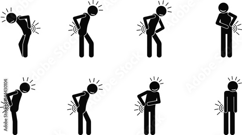 Set of black stickman icons depicting lower back pain and spine injury symptoms isolated on white background for medical healthcare and physiotherapy vector illustration