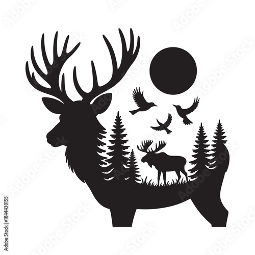 Majestic stag silhouetted against a moonlit forest with soaring birds