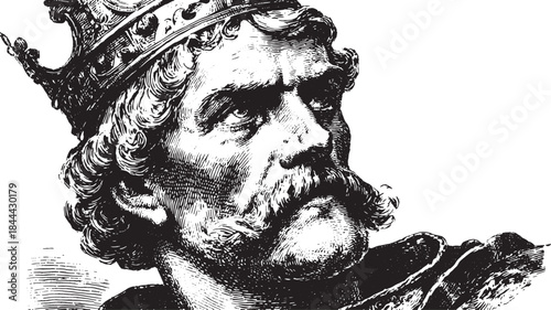 King's vintage portrait in black and white. Detailed illustration showcasing a regal male figure with a crown and mustache, perfect for a vector set.