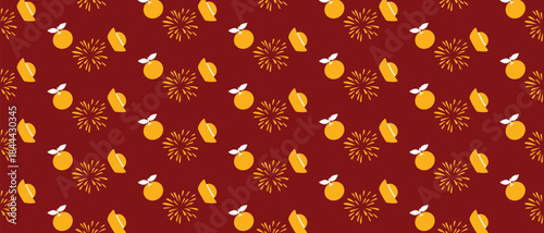 Seamless Chinese New Year pattern with oranges, fireworks and traditional Chinese headwear on red background