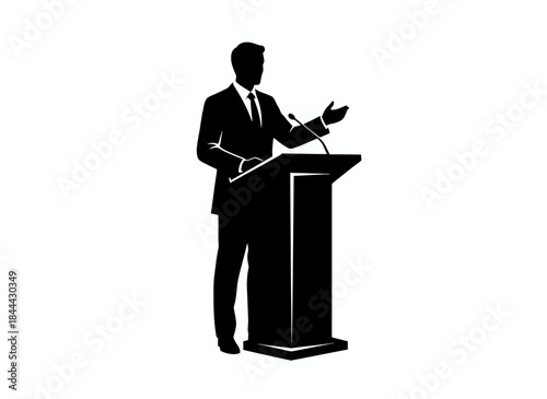 Business person speaking at podium lectern for presentation public speaking conference speech professional meeting seminar lecture branding design